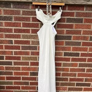 Zara White Sleeveless Side Cut Out White and Beige Chain Halter Maxi Dress